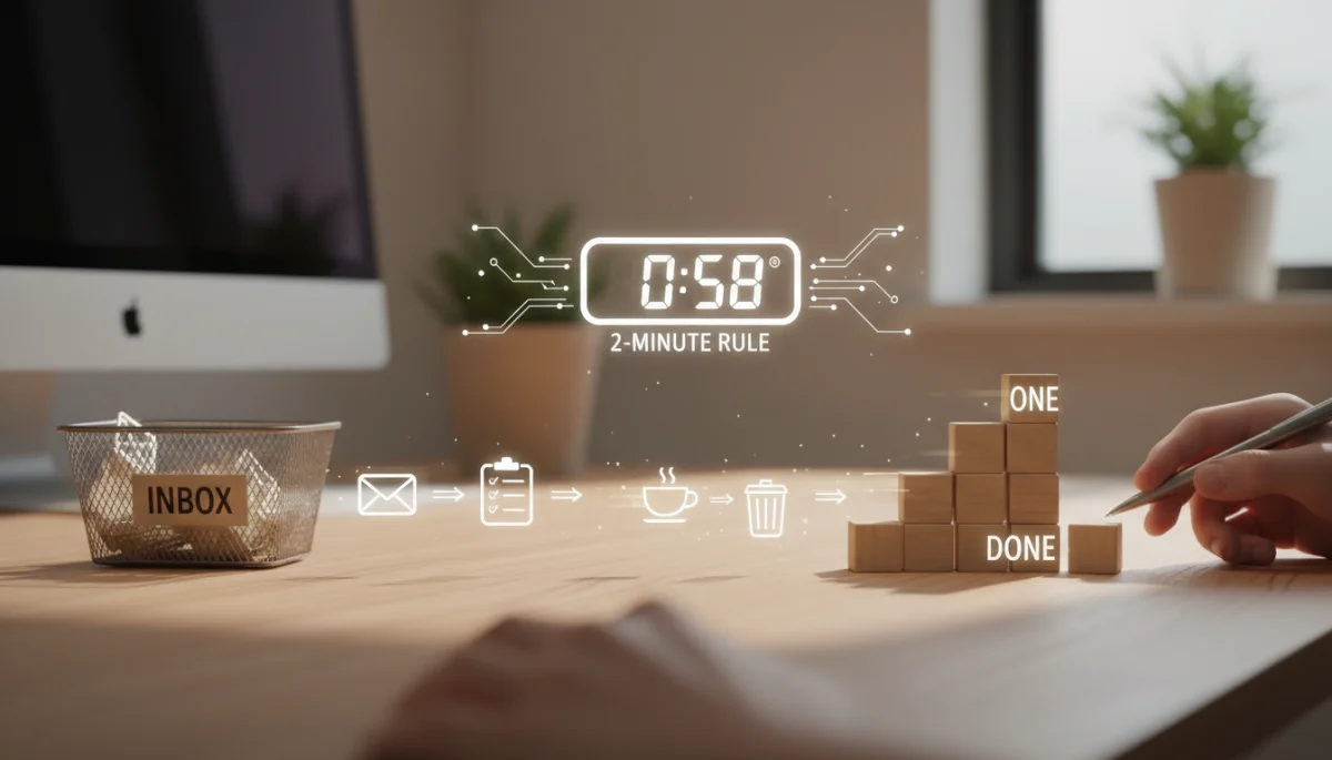 Graphic showing small tasks moving from inbox to done pile, demonstrating the 2-Minute Rule in action.