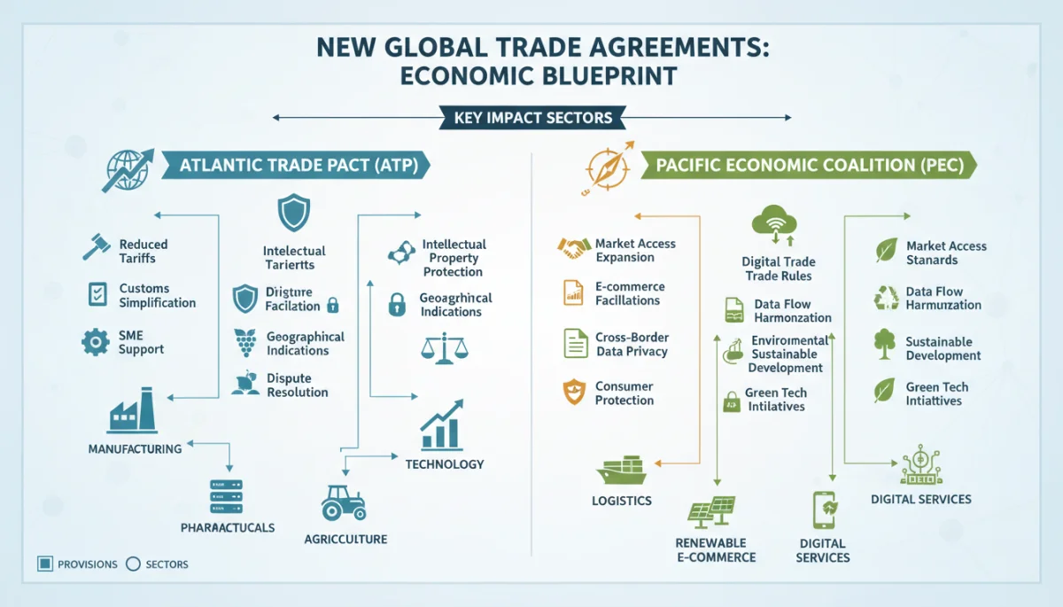 Infographic detailing key provisions and impacts of two new trade agreements