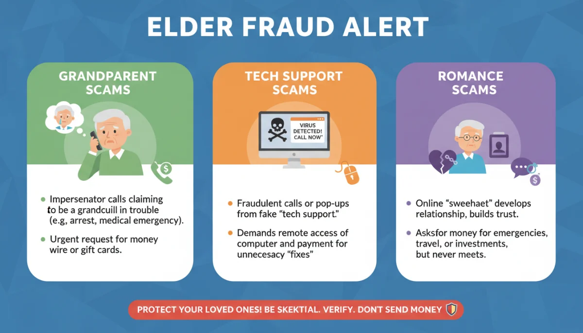 Infographic detailing various types of elder fraud schemes and scam categories