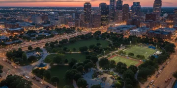 Modern US city skyline at dusk, police presence, community parks, symbolizing crime reduction.