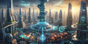 Futuristic cityscape with economic data overlays, symbolizing U.S. economic growth in 2026.