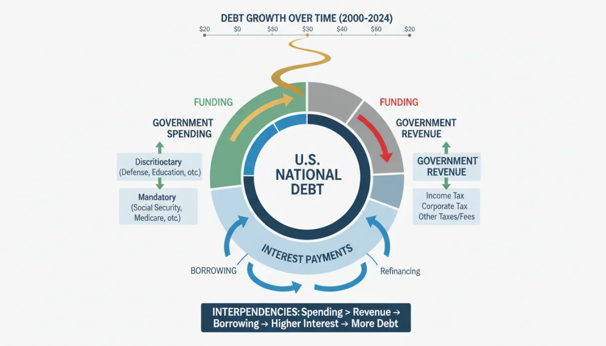 Infographic illustrating components and growth of US national debt, including spending, revenue, and interest.
