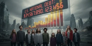Graph showing rising US national debt with a concerned young family in the foreground, symbolizing future impact.