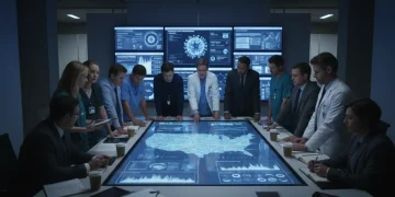 Healthcare professionals and policymakers strategizing on a large digital map for the US Public Health Strategy