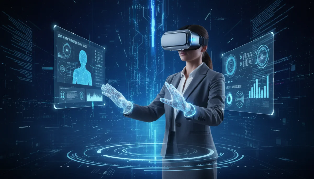 Job candidate practicing interview skills in a virtual reality environment.