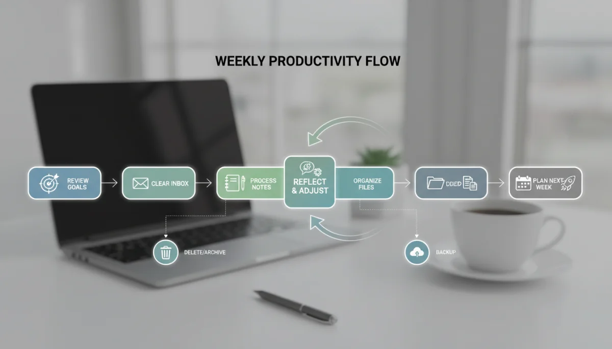 Workflow diagram illustrating steps of an effective weekly review process