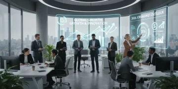 Tech professionals collaborating in a modern office discussing 2026 job market trends and salary growth.
