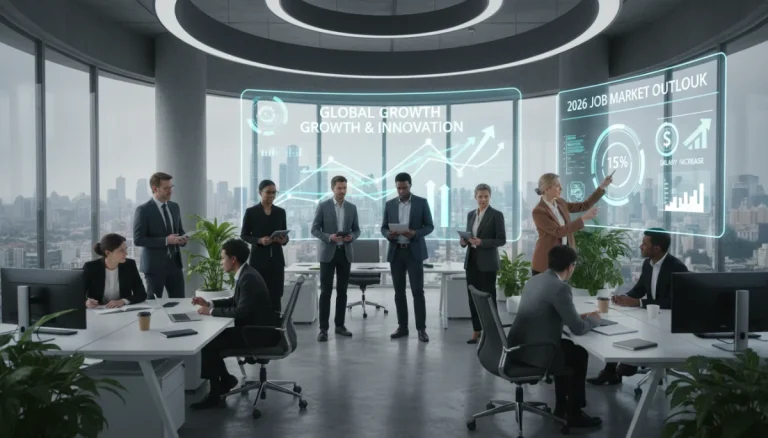 Tech professionals collaborating in a modern office discussing 2026 job market trends and salary growth.
