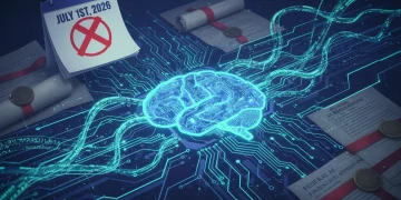 Illustration of AI circuits, legal documents, and a calendar for July 1st, 2026