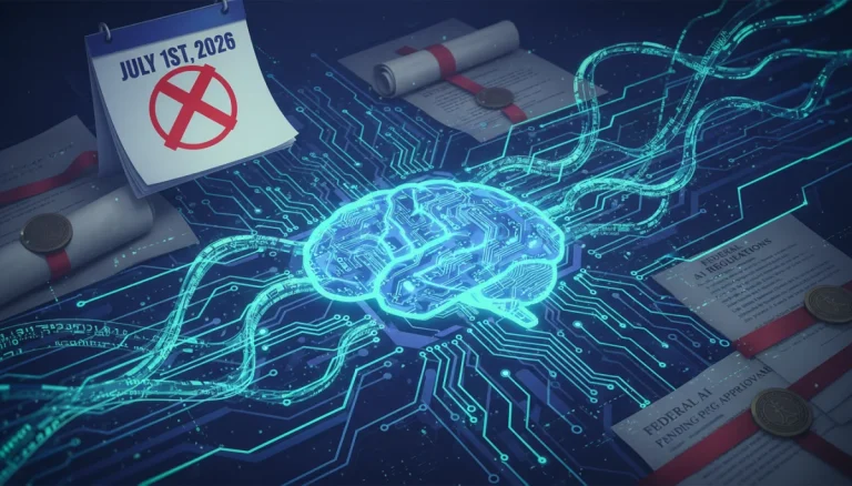 Illustration of AI circuits, legal documents, and a calendar for July 1st, 2026