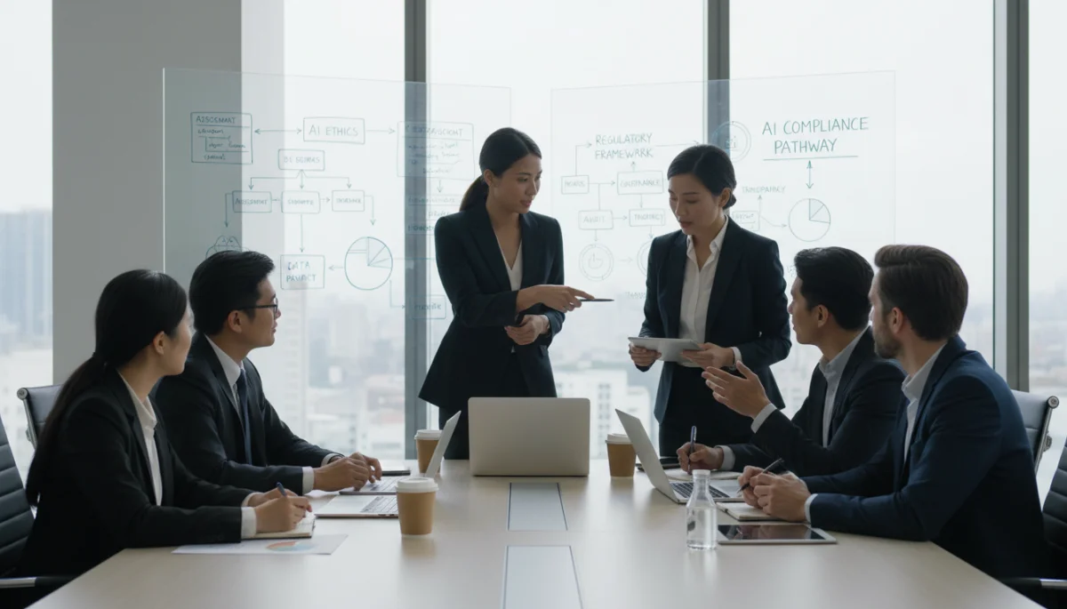 Business team discussing AI compliance strategies in a meeting room