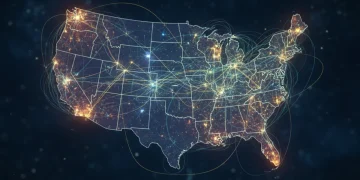 Abstract map of U.S. showing data streams and population shifts impacting federal funding allocations.