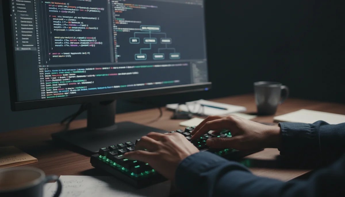 Hands typing code on a laptop, demonstrating practical AI and programming skills.