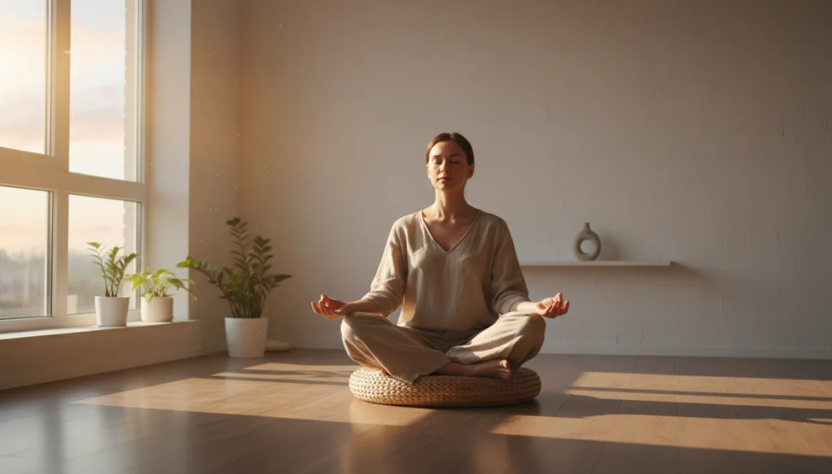 Person meditating peacefully at dawn for enhanced focus and calm