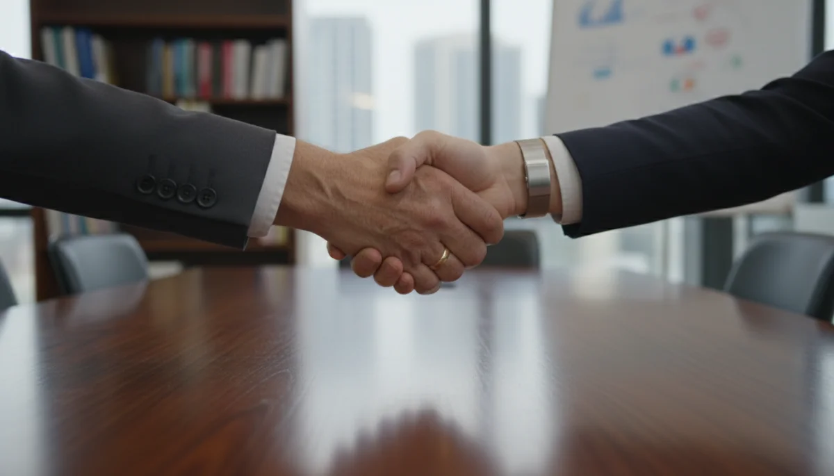 Mentor and mentee shaking hands, symbolizing a strong professional bond.