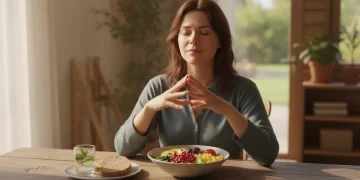 Person practicing mindful eating with a healthy meal, calm and focused
