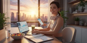 Woman achieving morning productivity goals with a clear mind and organized desk