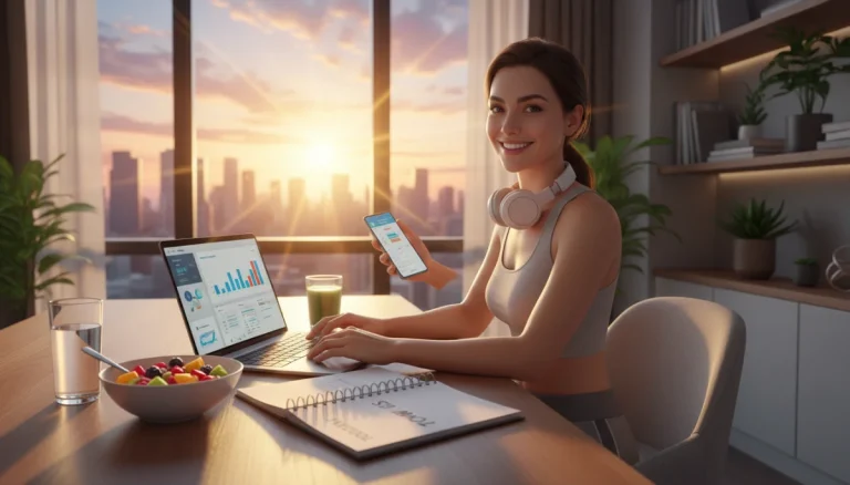 Woman achieving morning productivity goals with a clear mind and organized desk