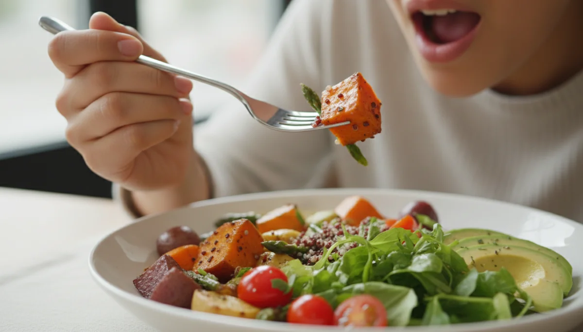 Hand slowly lifting food to mouth, mindful eating pace