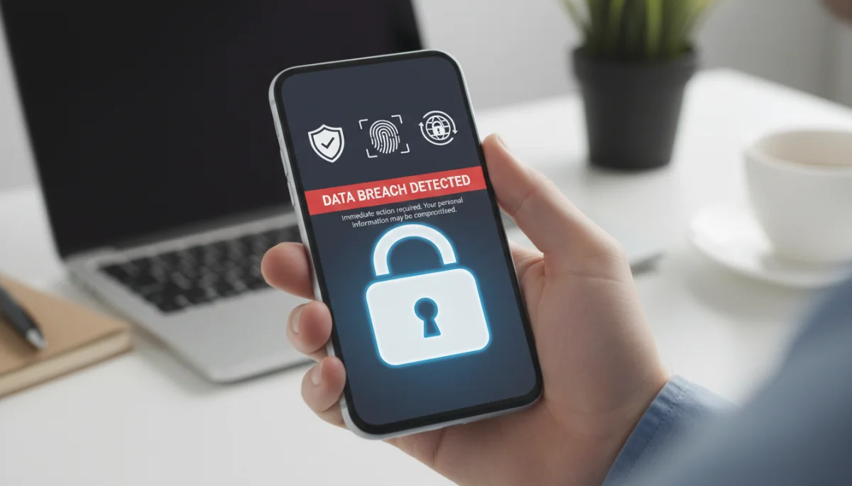 Smartphone displaying data breach alert with security padlock
