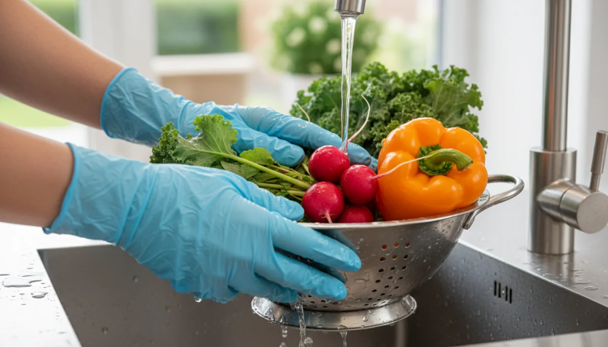 Person washing fresh produce under running water for food safety