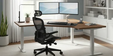 Ergonomic home office setup with adjustable desk and chair