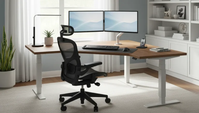 Ergonomic home office setup with adjustable desk and chair