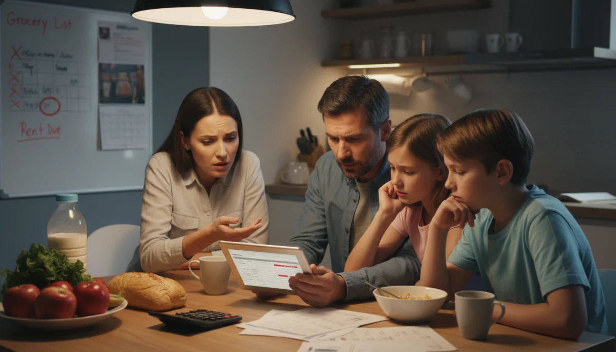 Family budgeting at kitchen table due to rising food prices