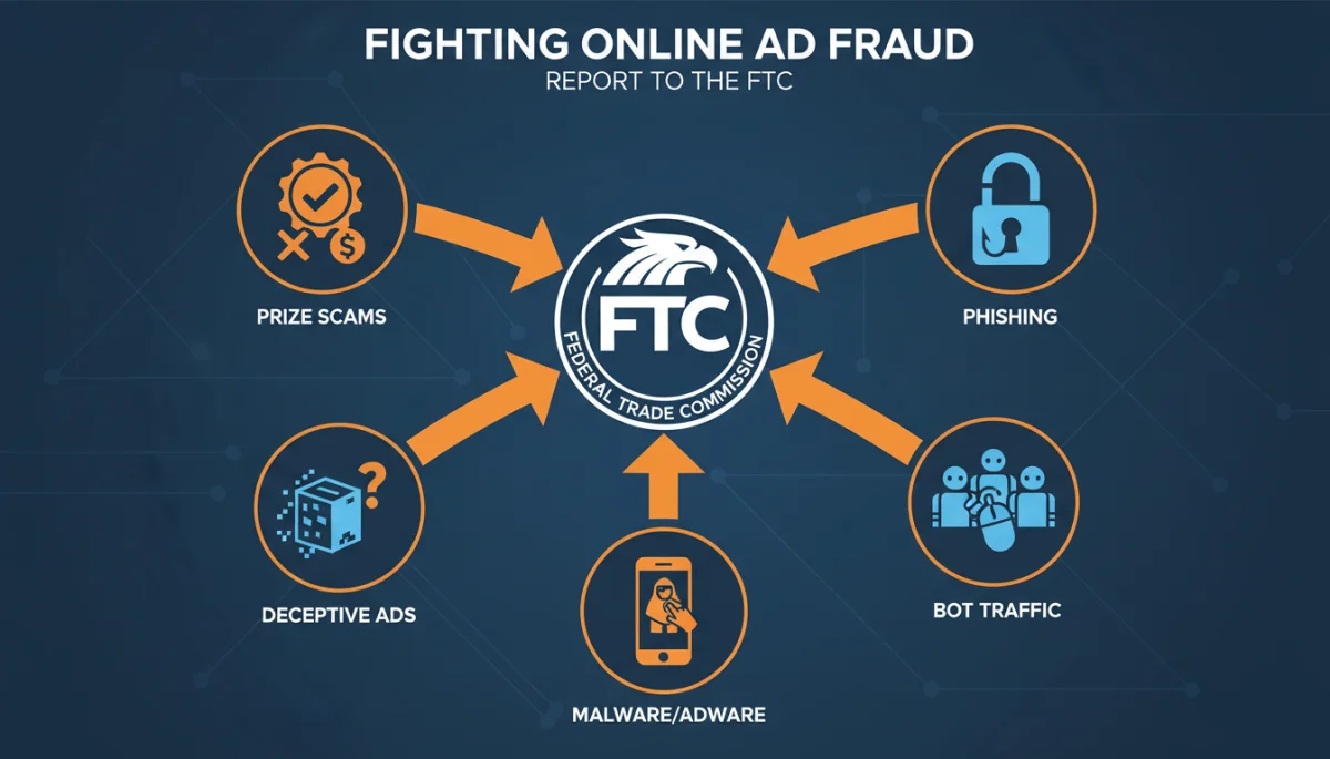 Infographic showing five types of online advertising fraud with FTC reporting