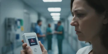 Patient looking at medical device with recall alert