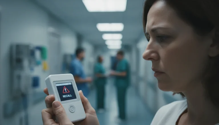Patient looking at medical device with recall alert