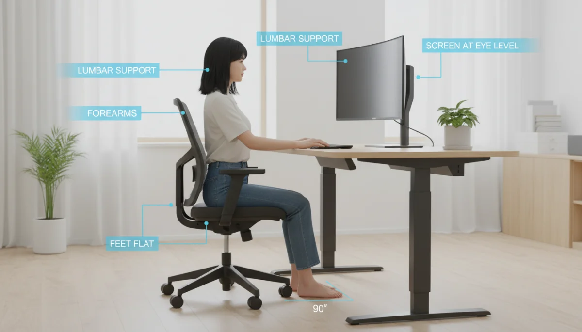 Proper sitting posture at an ergonomic workstation