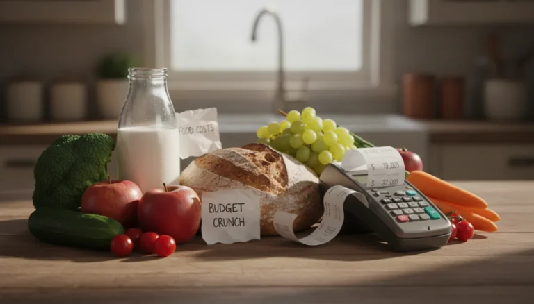 Groceries on counter symbolizing rising food costs and household budget impact