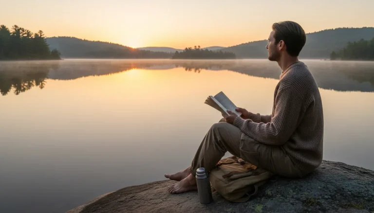 Sunrise over lake, person reading book, symbolizing digital detox success